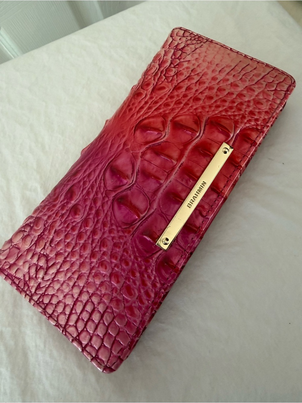 Brahmin Pink Croc-Embossed Leather Continental Wallet with Gold Plate